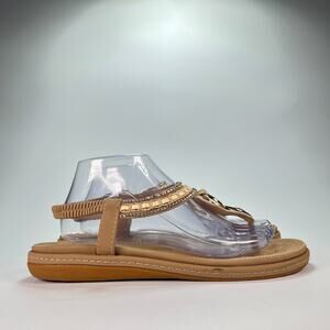 SHIBEVER Beige Gold Tone Thong Ankle Strap Sandals Women's Size US 10.5 EU 43